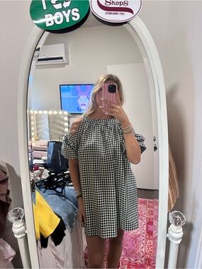 Black & White Gingham Cold-Shoulder Mini Dress